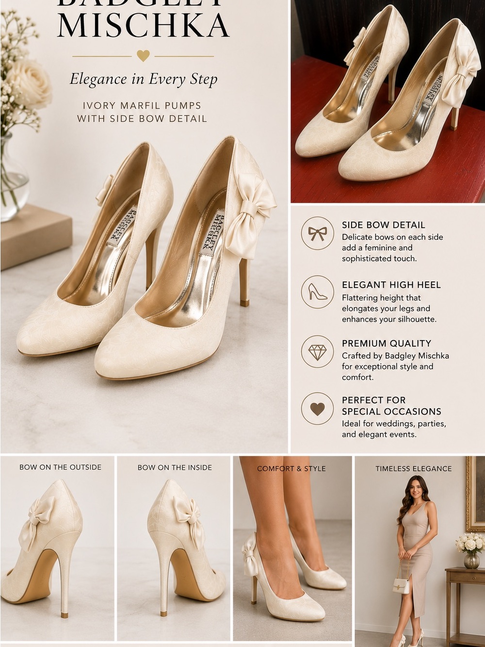 Badgley Mischka Cream Suede Bow-Accent Pumps